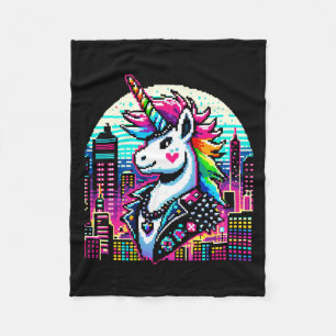 Cyberpunk Unicorn Neon Pixel Art Cityscape Design Fleecefilt
