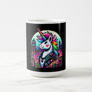 Cyberpunk Unicorn Neon Pixel Art Cityscape Design Kaffemugg