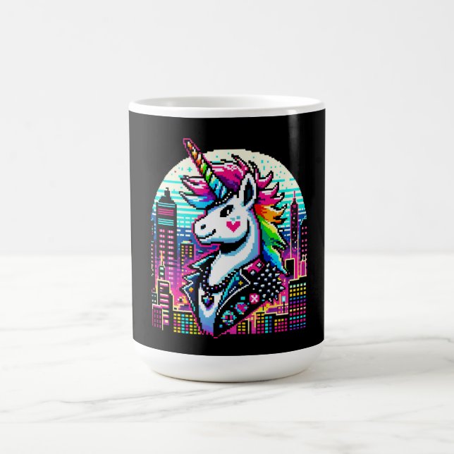 Cyberpunk Unicorn Neon Pixel Art Cityscape Design Kaffemugg (Center)