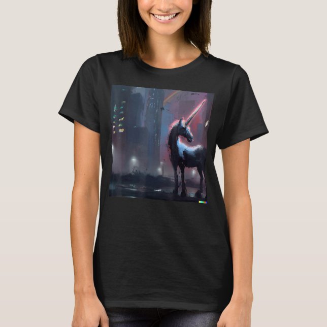 Cyberpunk Unicorn under en regnbåge i framtiden T Shirt (Framsida)