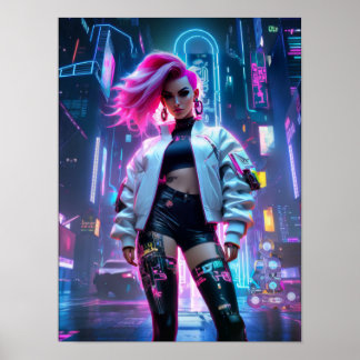 Cyberpunk, vacker kvinna i den framtida staden poster