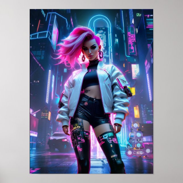 Cyberpunk, vacker kvinna i den framtida staden poster (Framsidan)