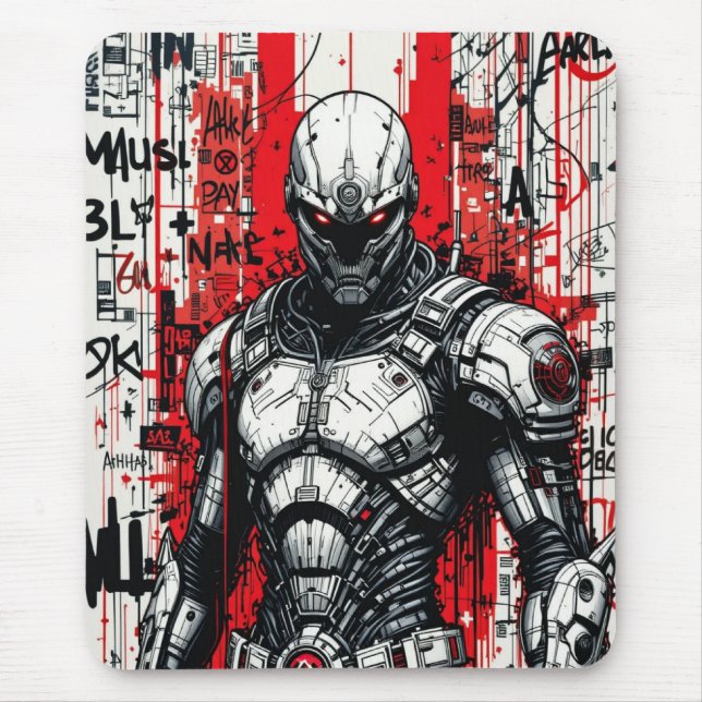 Cyberpunk Warrior Graffiti Mousepad - Red, Black Musmatta (Framsidan)