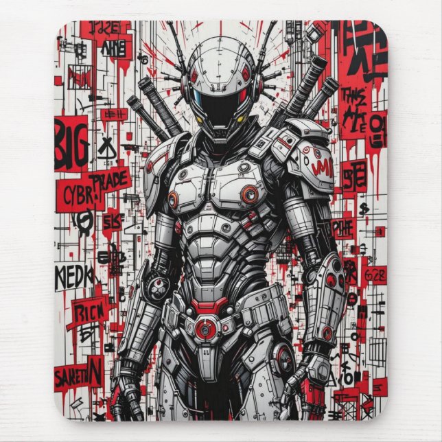 Cyberpunk Warrior Graffiti Mousepad - Red, Black Musmatta (Framsidan)