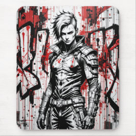 Cyberpunk Warrior Graffiti Mousepad - Red, Black Musmatta