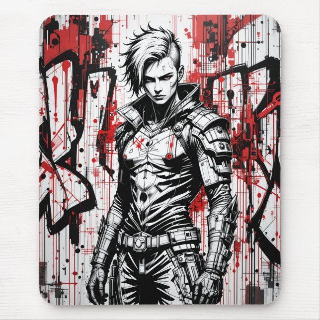 Cyberpunk Warrior Graffiti Mousepad - Red, Black Musmatta (Framsidan)