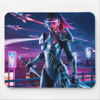 Cyberpunk Warrior Mouse Pad Neon Cityscape Design Musmatta