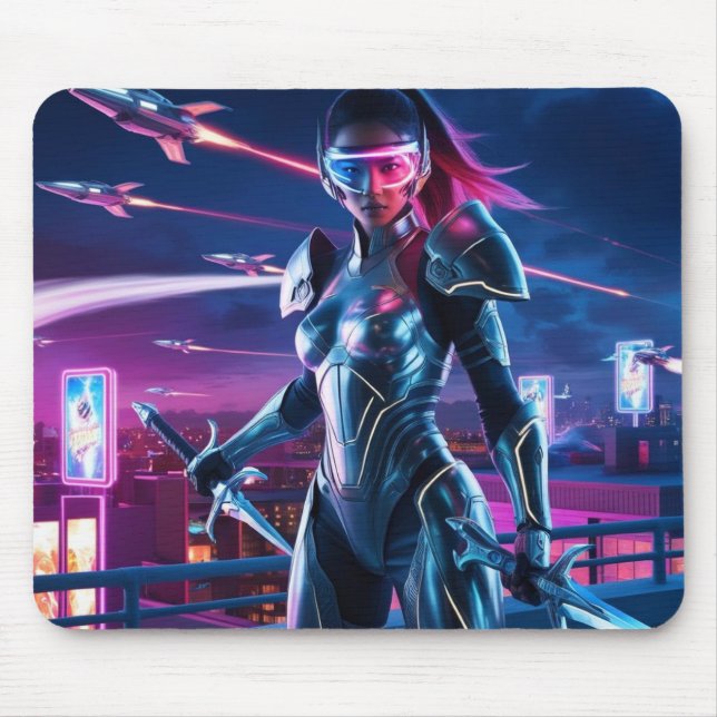 Cyberpunk Warrior Mouse Pad Neon Cityscape Design Musmatta (Framsidan)
