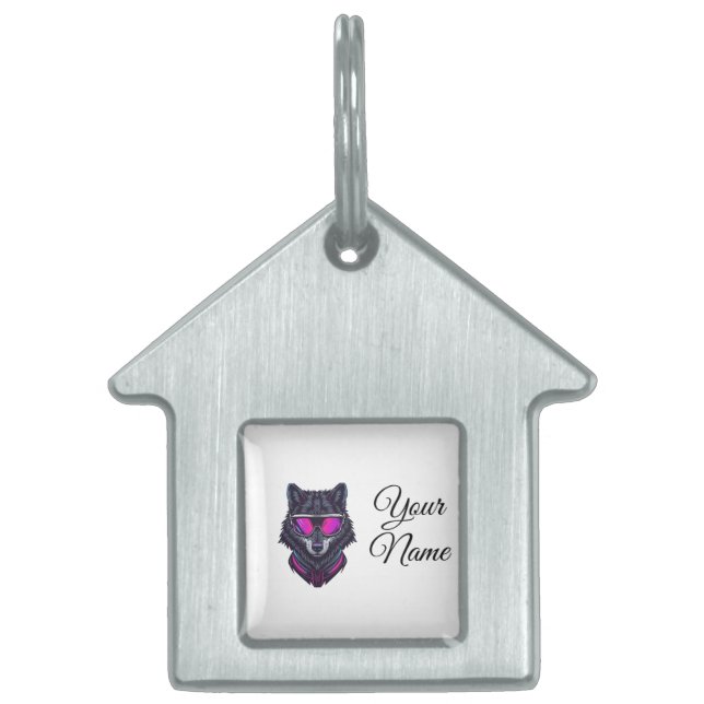 Cyberpunk Wolf Neon Art Personalizable Name Mug -  ID-bricka Husdjur (Framsidan)