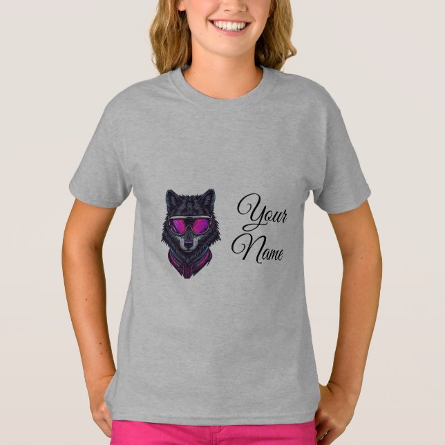 Cyberpunk Wolf Neon Art Personalizable Name Mug -  T Shirt (Framsida)