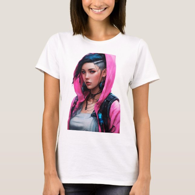 Cyberpunk Woman Animie Stil T Shirt (Framsida)