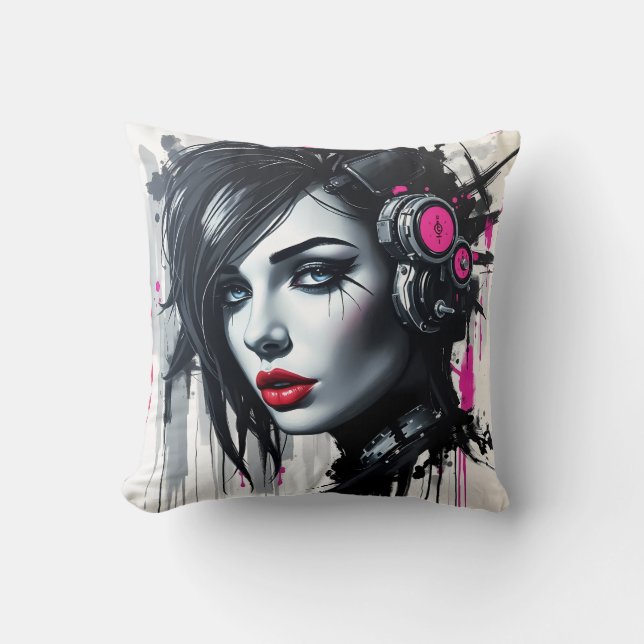 Cyberpunk Woman - Edgy Sci-Fi Art Kudde (Framsida)
