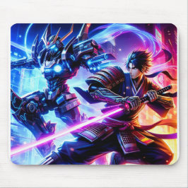 CyberSamurai vs Mech Warrior-Neon Battle Mousepad Musmatta