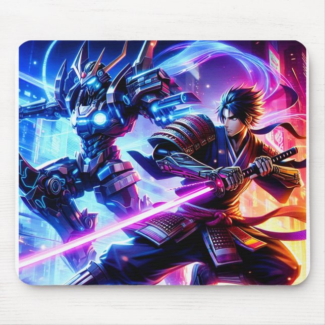 CyberSamurai vs Mech Warrior-Neon Battle Mousepad Musmatta (Framsidan)