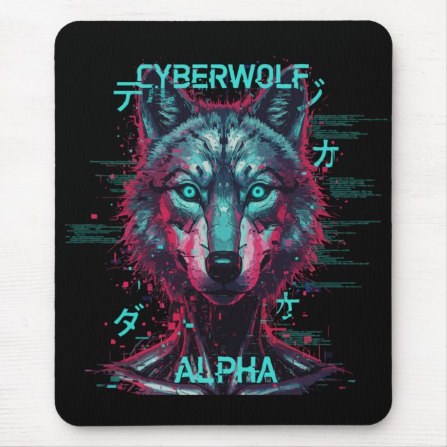Cyberwolf Alpha | Futuristisk Neon Cyberpunk Varg Musmatta (Framsidan)