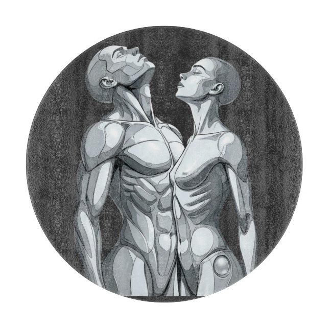 Cyborg Couple Round Glass Cutting Board (Framsidan)