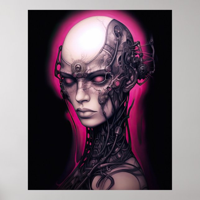 Cyborg Girl Coola Tonåring Rosa Neon Poster (Framsidan)