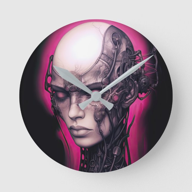 Cyborg Girl Coola Tonåring Rosa Neon Rund Klocka (Framsida)