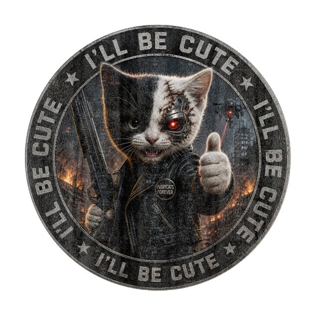 Cyborg katt skärbräda/Jag kommer vara söt glas skä (Framsidan)