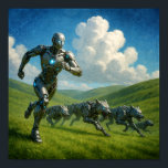 Cyborg och robotvargar som springer poster<br><div class="desc">En futuristisk cyborg springer över gröna kullar,  åtföljd av robotvargar. Scenen utspelar sig mot en bakgrund av fluffiga vita moln i en klar blå himmel.</div>