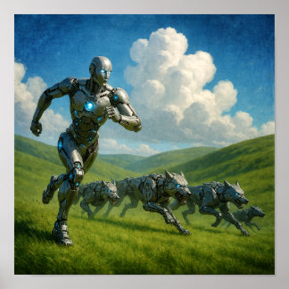 Cyborg och robotvargar som springer poster