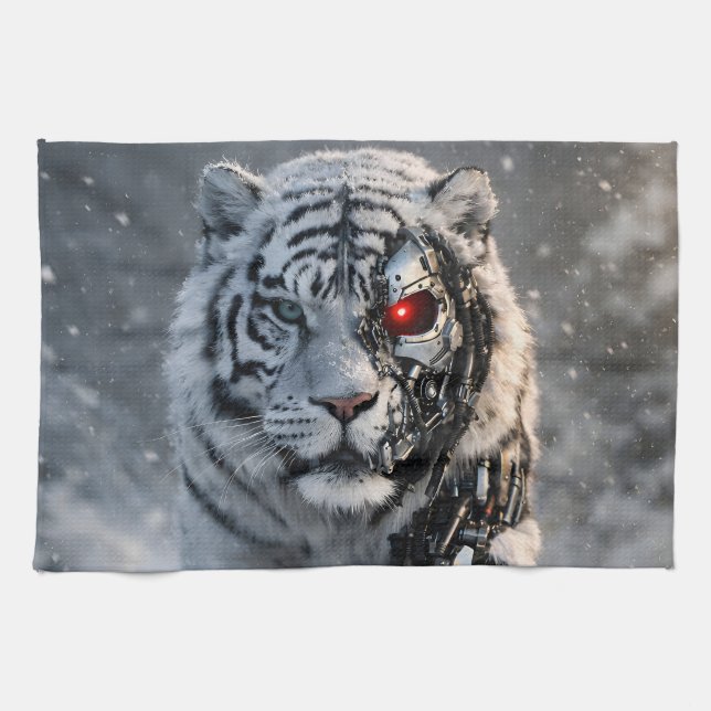 Cyborg white tiger kitchen towel, futuristic sci-f kökshandduk (Horisontell)