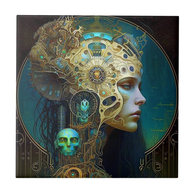 Cyborg Woman Fantasy Sci-Fi Art Ceramic Tile Kakelplatta (Framsidan)