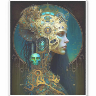 Cyborg Woman Fantasy Sci-Fi Art Sticker Klistermärken