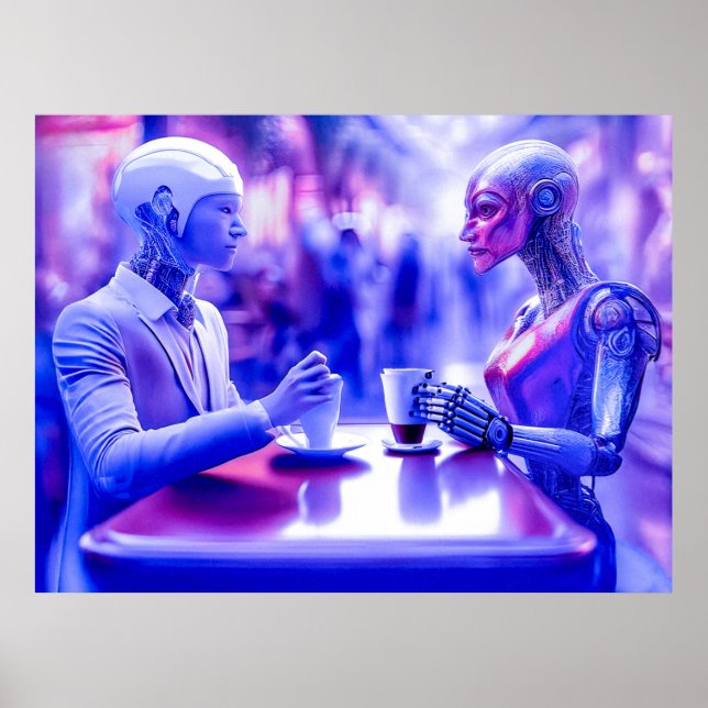 Cyborgs-par som äter drycker på gatukaffe (AI) Poster (Framsidan)