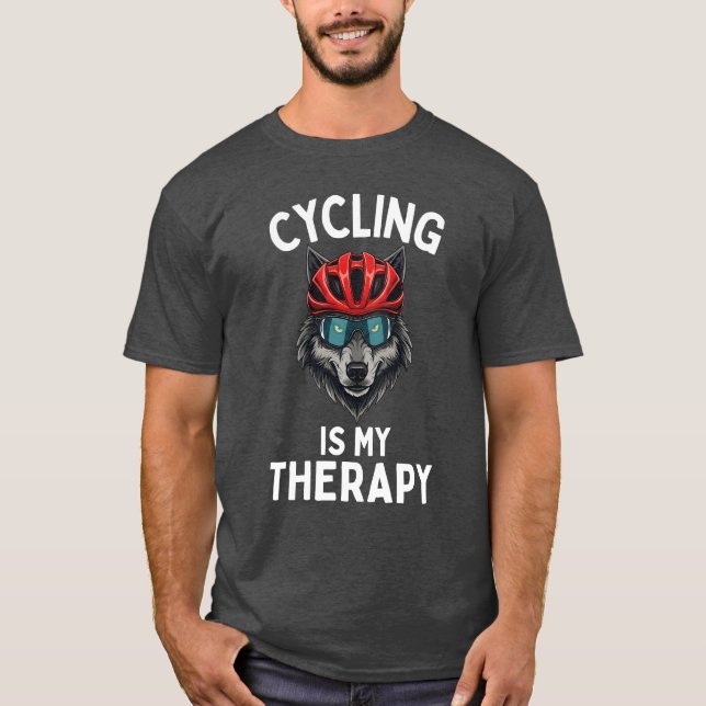 Cycling Is My Therapy, Funny Cyclist Wolf Lover T Shirt (Framsida)