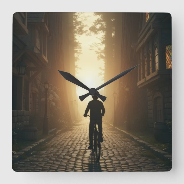 Cyclists Silhouette Street Scene Fyrkantig Klocka (Framsida)