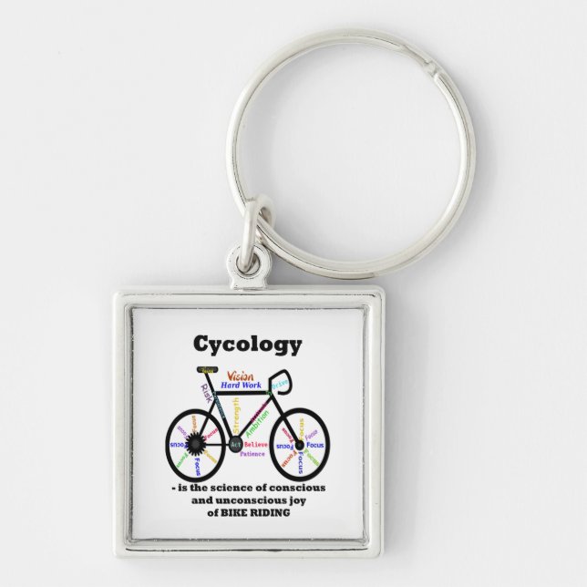 Cycology the Science of the Joy of Bike Riding Rol Fyrkantig Silverfärgad Nyckelring (Framsidan)