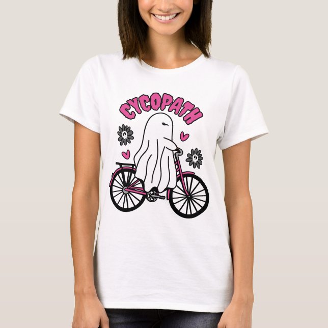 Cycopath Halloween Ghost på Rosa Bicycle T Shirt (Framsida)