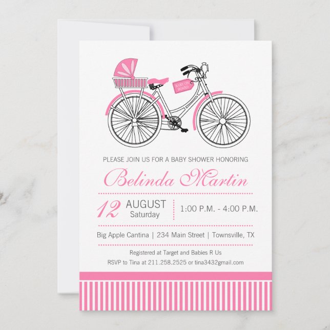 Cykel Baby Shower Rosa Inbjudan (Framsida)