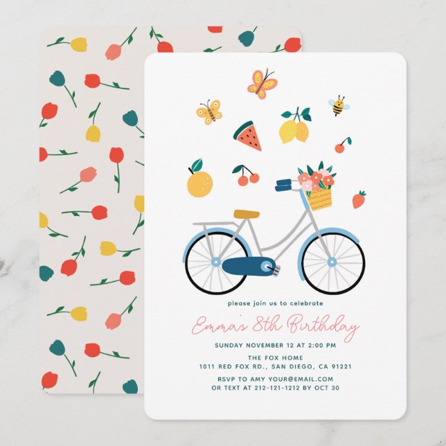 Cykel Fjärilar Frukter Blommig Flickas Födelsedag Inbjudningar (Fram/baksida)
