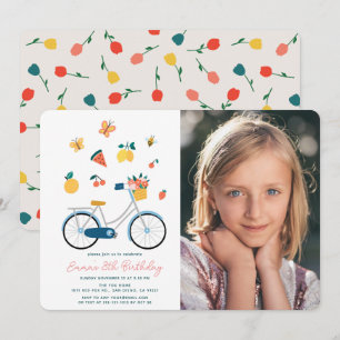 Cykel Fjärilar Frukter Foto Flicka Födelsedag Inbjudningar