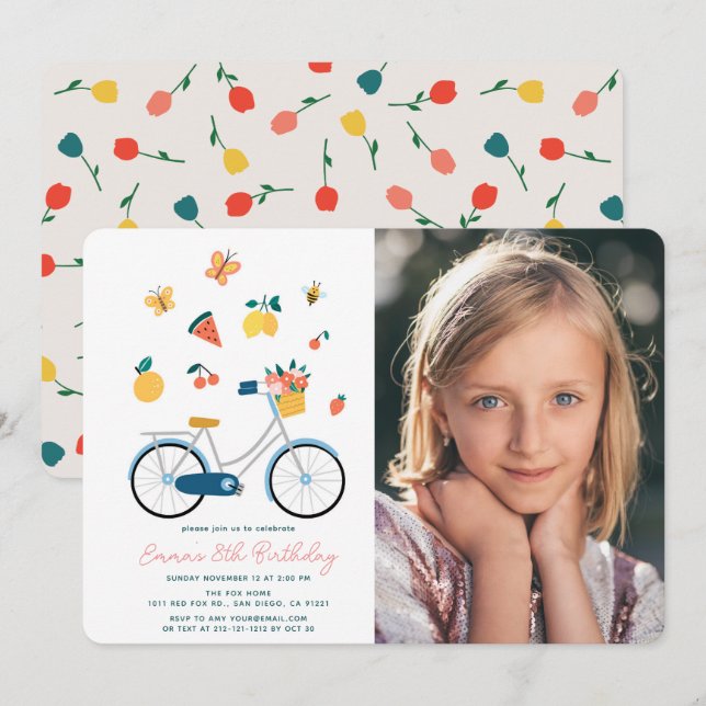 Cykel Fjärilar Frukter Foto Flicka Födelsedag Inbjudningar (Fram/baksida)