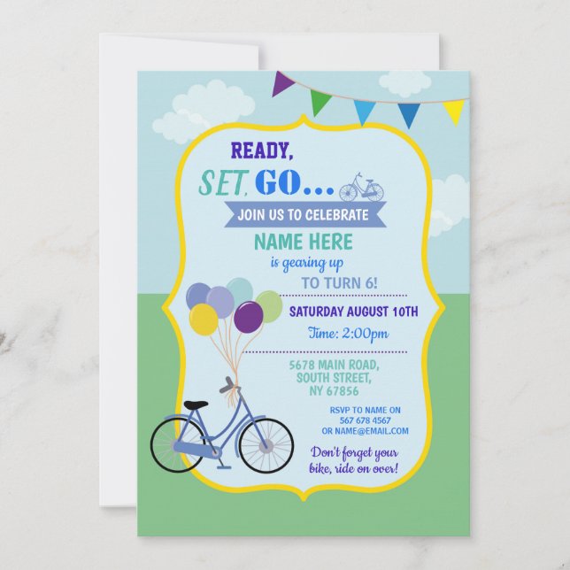 Cykel Födelsedag Cykel Tur Ballonger Fest Blå Inbjudningar (Framsida)