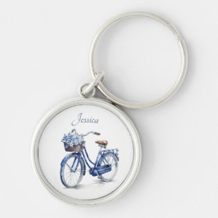 Cykel i Delft Blue-anpassadet Rund Silverfärgad Nyckelring