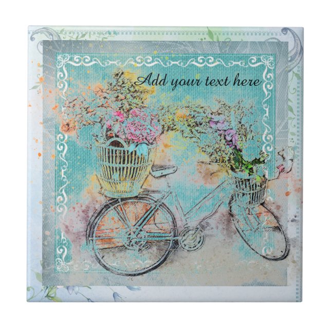 Cykel med blomma basket på blå burk kakelplatta (Framsidan)