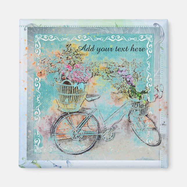 Cykel med blomma basket på blå burk magnet (Framsidan)