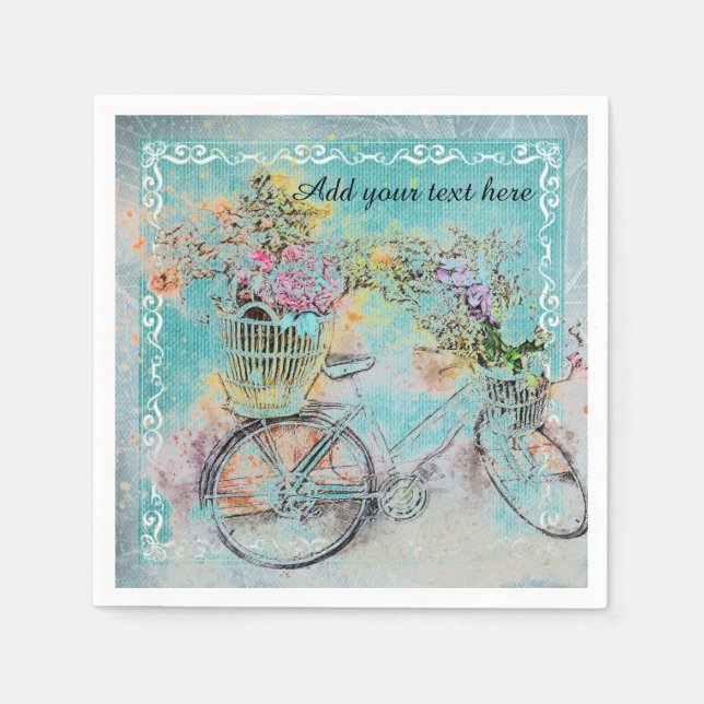Cykel med blomma basket på blå burk pappersservett (Framsidan)