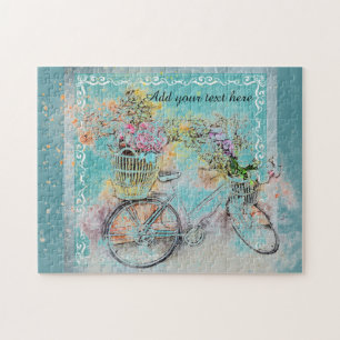 Cykel med blomma basket på blå burk pussel