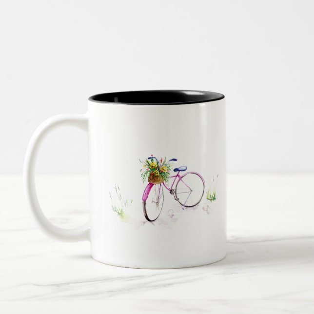 Cykel med blommor. Två-Tonad mugg (Vänster)