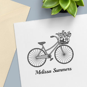 Cykel med blomsterkorg anpassat namn självfärgande stämpel