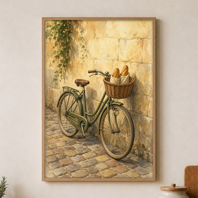 Cykel med brödkorg akvarellaffisch poster (Shown framed for scale. Poster ships unframed; frames are an optional add-on.)