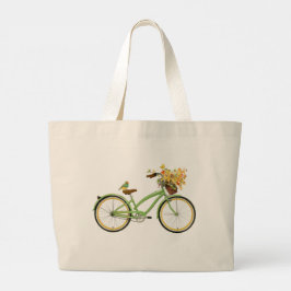 Cykel med fågel och blomsterkorg Grön Gul Jumbo Tygkasse