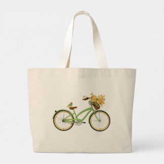 Cykel med fågel och blomsterkorg Grön Gul Jumbo Tygkasse