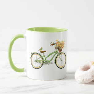 Cykel med fågel och blomsterkorg Grön Gul Mugg
