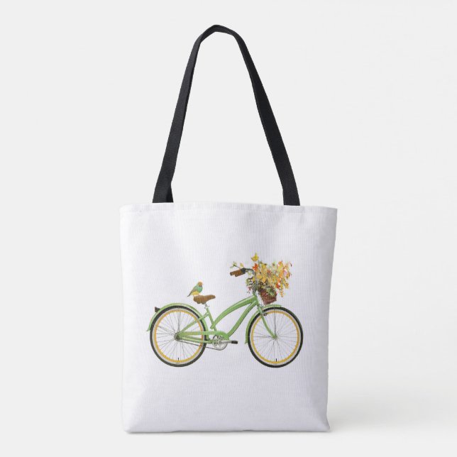 Cykel med fågel och blomsterkorg Grön Gul Tygkasse (Baksida)